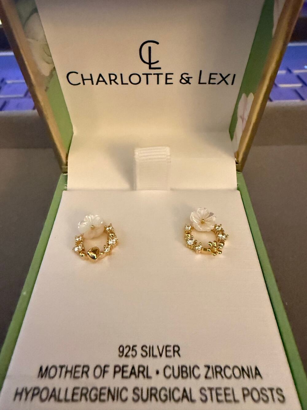 Charlotte & Lexi 925 Silver Mother of Pearl CZ Heart Flower Earrings NIB
